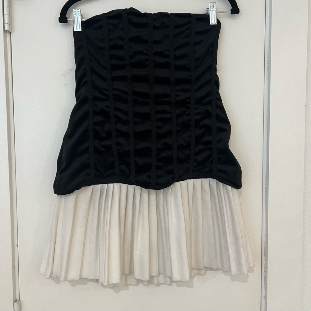 Velvet Black Corset Strapless Mini Dress with White Pleats